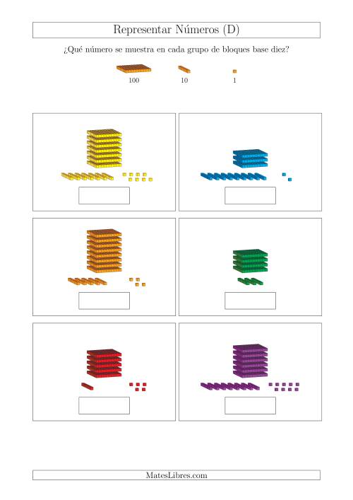 La hoja de ejercicios de Representar números hasta 999 con bloques base diez (Tamaño A4) (D)
