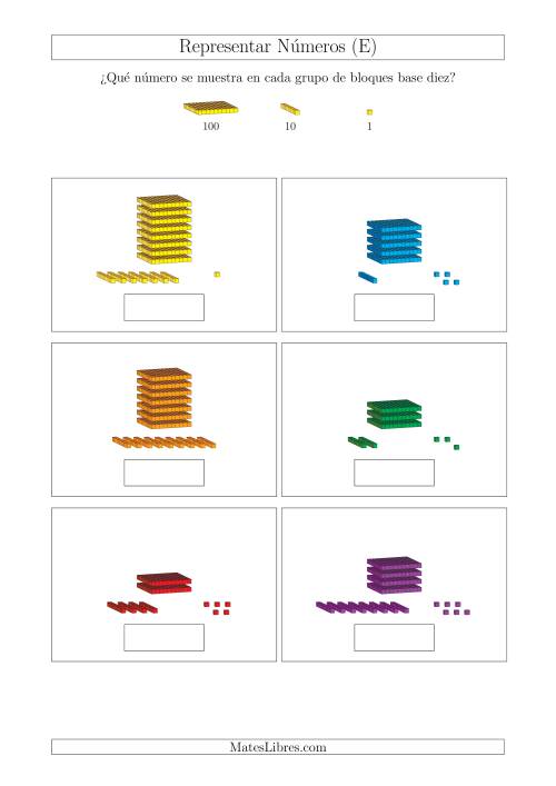 La hoja de ejercicios de Representar números hasta 999 con bloques base diez (Tamaño A4) (E)