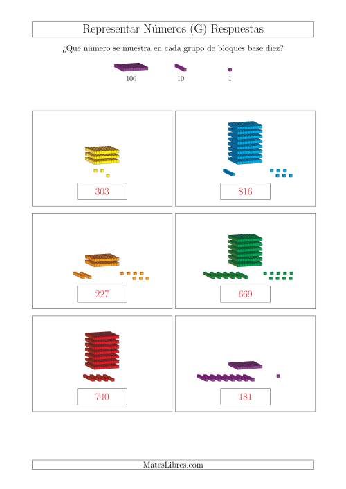 La hoja de ejercicios de Representar números hasta 999 con bloques base diez (Tamaño A4) (G) Página 2