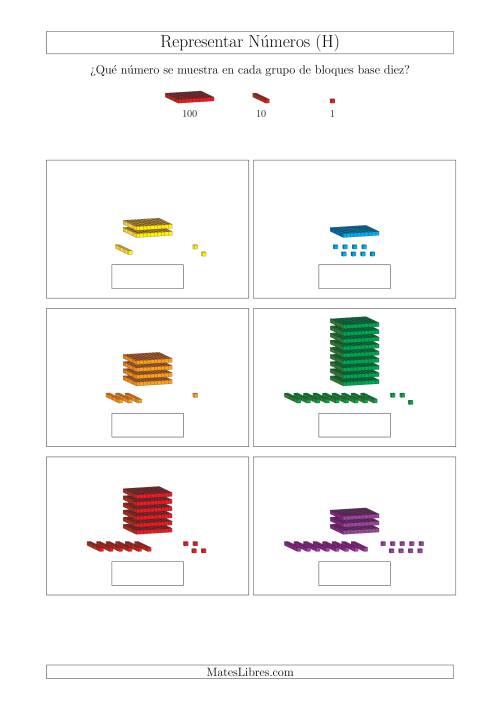 La hoja de ejercicios de Representar números hasta 999 con bloques base diez (Tamaño A4) (H)