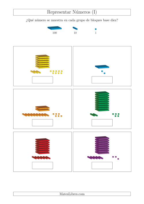 La hoja de ejercicios de Representar números hasta 999 con bloques base diez (Tamaño A4) (I)