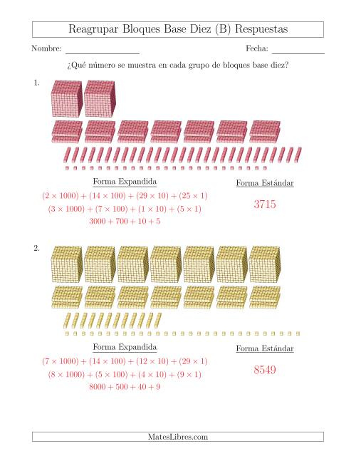 La hoja de ejercicios de Representar números que requieren reagrupar con bloques base diez en forma expandida (con millares) (B) Página 2