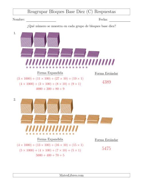 La hoja de ejercicios de Representar números que requieren reagrupar con bloques base diez en forma expandida (con millares) (C) Página 2