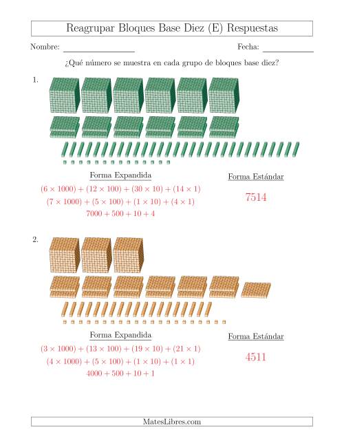 La hoja de ejercicios de Representar números que requieren reagrupar con bloques base diez en forma expandida (con millares) (E) Página 2