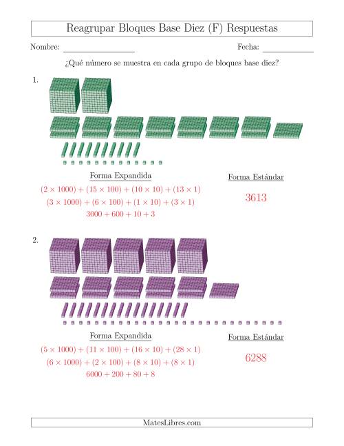 La hoja de ejercicios de Representar números que requieren reagrupar con bloques base diez en forma expandida (con millares) (F) Página 2