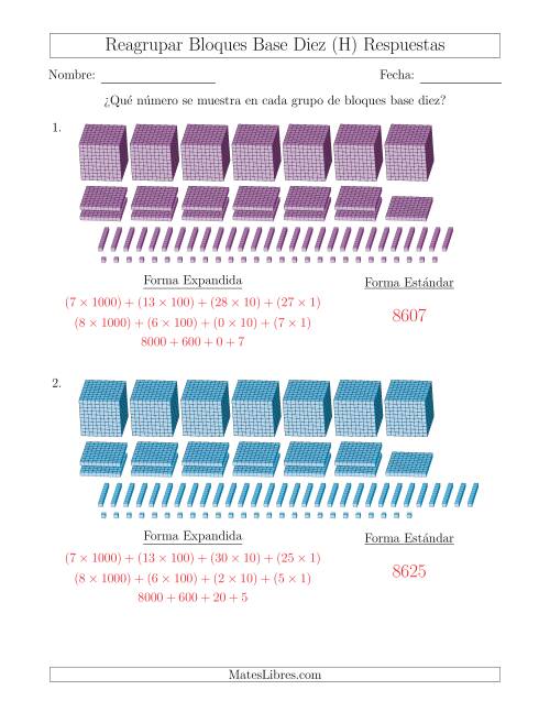 La hoja de ejercicios de Representar números que requieren reagrupar con bloques base diez en forma expandida (con millares) (H) Página 2