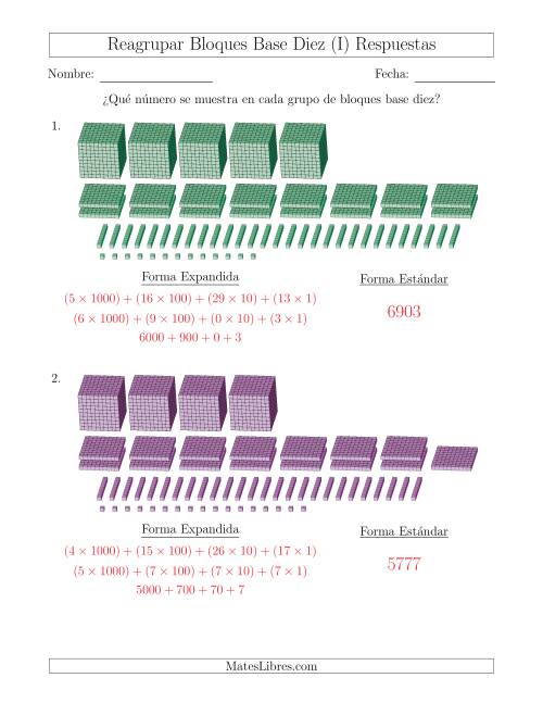 La hoja de ejercicios de Representar números que requieren reagrupar con bloques base diez en forma expandida (con millares) (I) Página 2