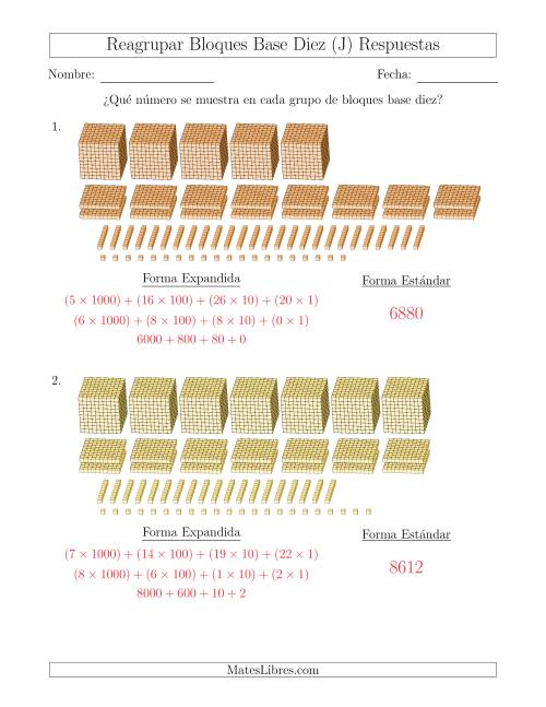 La hoja de ejercicios de Representar números que requieren reagrupar con bloques base diez en forma expandida (con millares) (J) Página 2