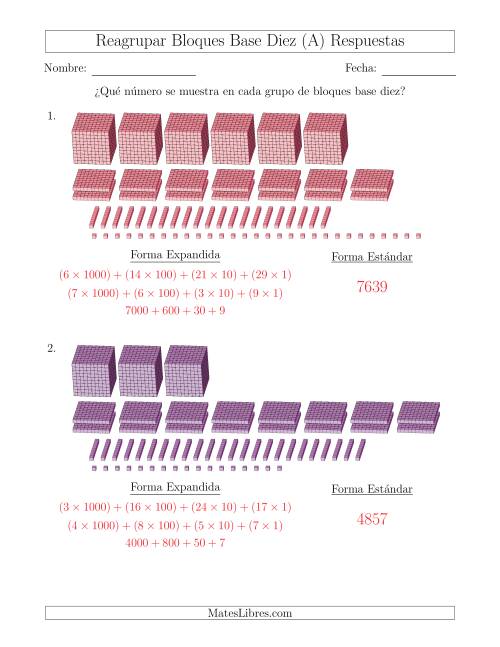 La hoja de ejercicios de Representar números que requieren reagrupar con bloques base diez en forma expandida (con millares) (Todas) Página 2