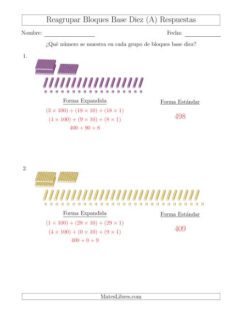 La hoja de ejercicios de Representar números que requieren reagrupar con bloques base diez en forma expandida (sin millares) (A) Página 2
