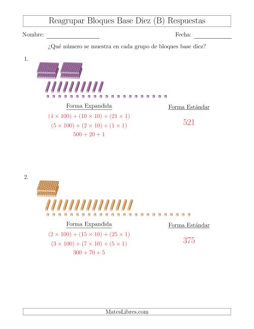 La hoja de ejercicios de Representar números que requieren reagrupar con bloques base diez en forma expandida (sin millares) (B) Página 2