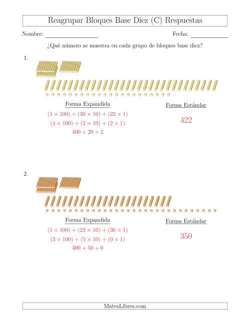 La hoja de ejercicios de Representar números que requieren reagrupar con bloques base diez en forma expandida (sin millares) (C) Página 2