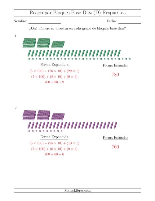 La hoja de ejercicios de Representar números que requieren reagrupar con bloques base diez en forma expandida (sin millares) (D) Página 2