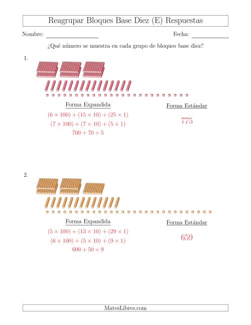 La hoja de ejercicios de Representar números que requieren reagrupar con bloques base diez en forma expandida (sin millares) (E) Página 2