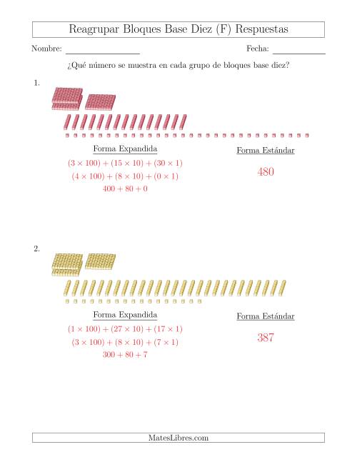 La hoja de ejercicios de Representar números que requieren reagrupar con bloques base diez en forma expandida (sin millares) (F) Página 2