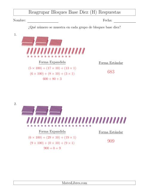 La hoja de ejercicios de Representar números que requieren reagrupar con bloques base diez en forma expandida (sin millares) (H) Página 2