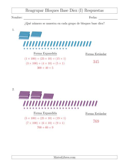 La hoja de ejercicios de Representar números que requieren reagrupar con bloques base diez en forma expandida (sin millares) (I) Página 2