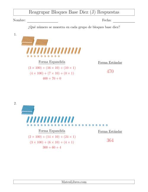 La hoja de ejercicios de Representar números que requieren reagrupar con bloques base diez en forma expandida (sin millares) (J) Página 2
