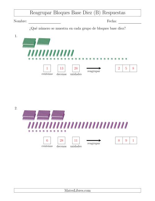 La hoja de ejercicios de Representar números que requieren reagrupar con bloques base diez (sin millares) (B) Página 2