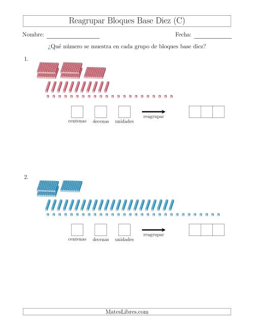 La hoja de ejercicios de Representar números que requieren reagrupar con bloques base diez (sin millares) (C)