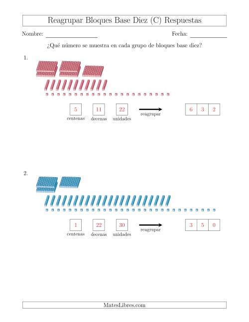La hoja de ejercicios de Representar números que requieren reagrupar con bloques base diez (sin millares) (C) Página 2
