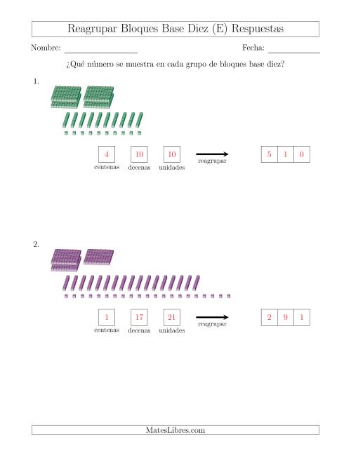 La hoja de ejercicios de Representar números que requieren reagrupar con bloques base diez (sin millares) (E) Página 2