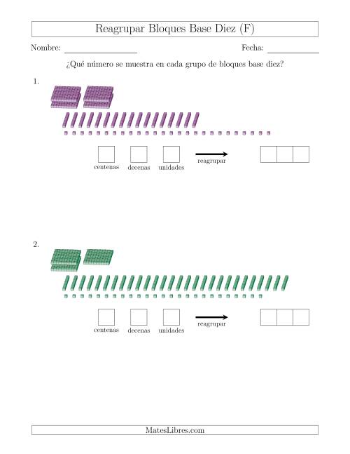 La hoja de ejercicios de Representar números que requieren reagrupar con bloques base diez (sin millares) (F)