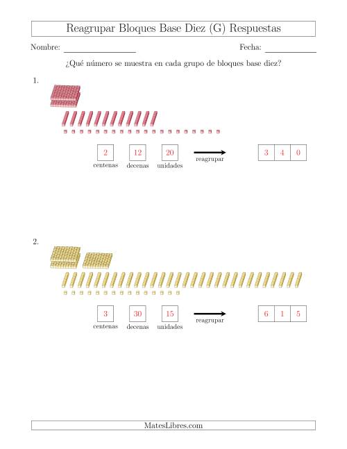 La hoja de ejercicios de Representar números que requieren reagrupar con bloques base diez (sin millares) (G) Página 2