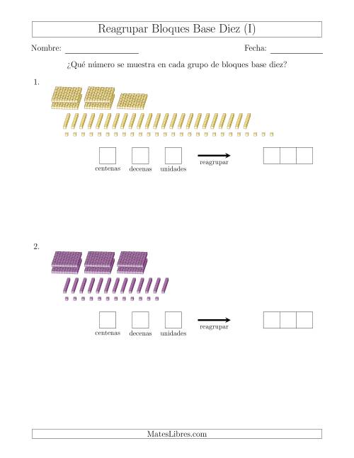 La hoja de ejercicios de Representar números que requieren reagrupar con bloques base diez (sin millares) (I)