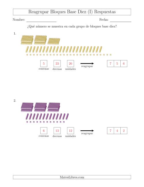 La hoja de ejercicios de Representar números que requieren reagrupar con bloques base diez (sin millares) (I) Página 2