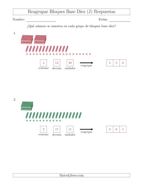 La hoja de ejercicios de Representar números que requieren reagrupar con bloques base diez (sin millares) (J) Página 2