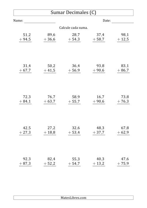 La hoja de ejercicios de Sumar Décimas con Dos Dígitos delante del Decimal (C)
