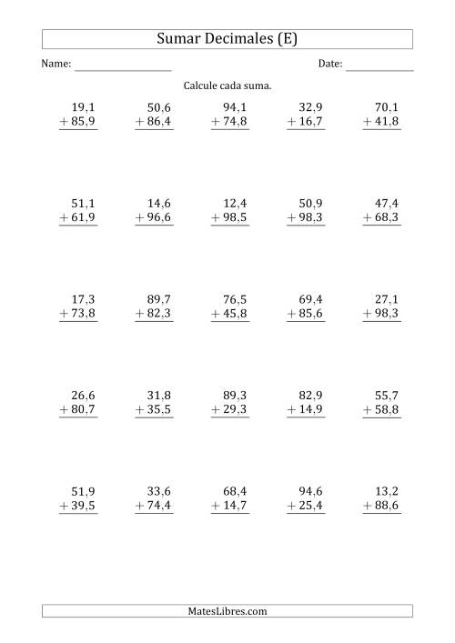 La hoja de ejercicios de Sumar Décimas con Dos Dígitos delante del Decimal (E)