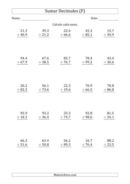 La hoja de ejercicios de Sumar Décimas con Dos Dígitos delante del Decimal (F)
