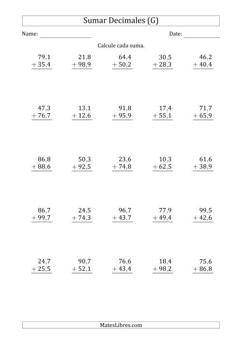 La hoja de ejercicios de Sumar Décimas con Dos Dígitos delante del Decimal (G)