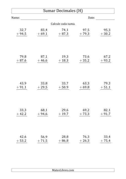 La hoja de ejercicios de Sumar Décimas con Dos Dígitos delante del Decimal (H)
