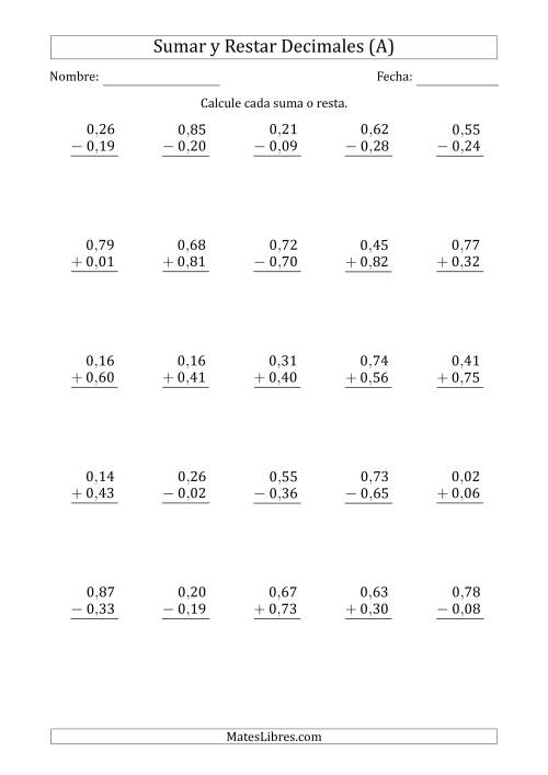 La hoja de ejercicios de Sumar y Restar Centésimas con 0 delante del Decimal (rango de 0,01 a 0,99) (A)