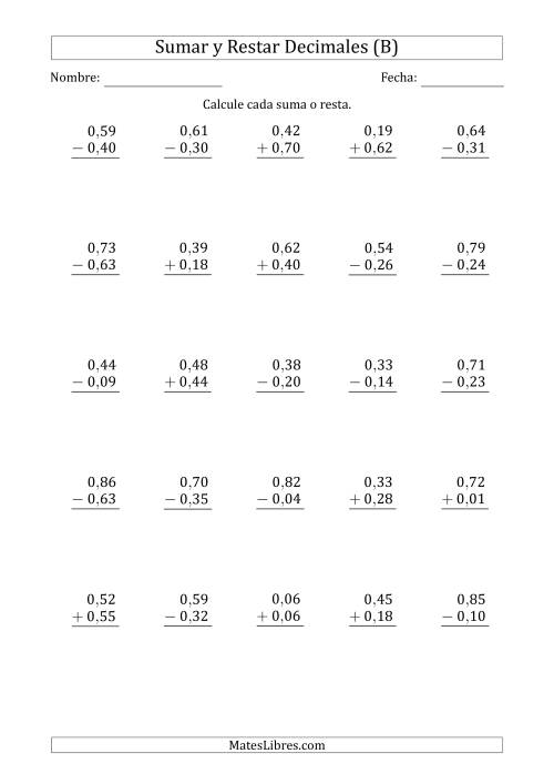 La hoja de ejercicios de Sumar y Restar Centésimas con 0 delante del Decimal (rango de 0,01 a 0,99) (B)