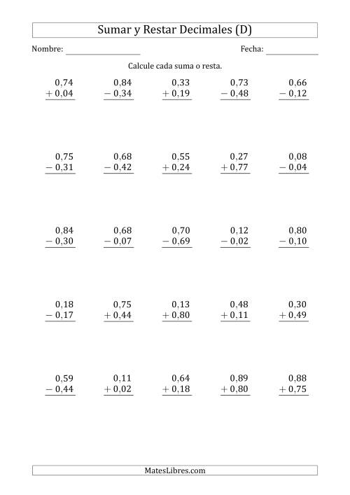 La hoja de ejercicios de Sumar y Restar Centésimas con 0 delante del Decimal (rango de 0,01 a 0,99) (D)