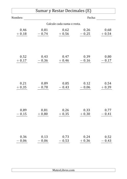 La hoja de ejercicios de Sumar y Restar Centésimas con 0 delante del Decimal (rango de 0,01 a 0,99) (E)