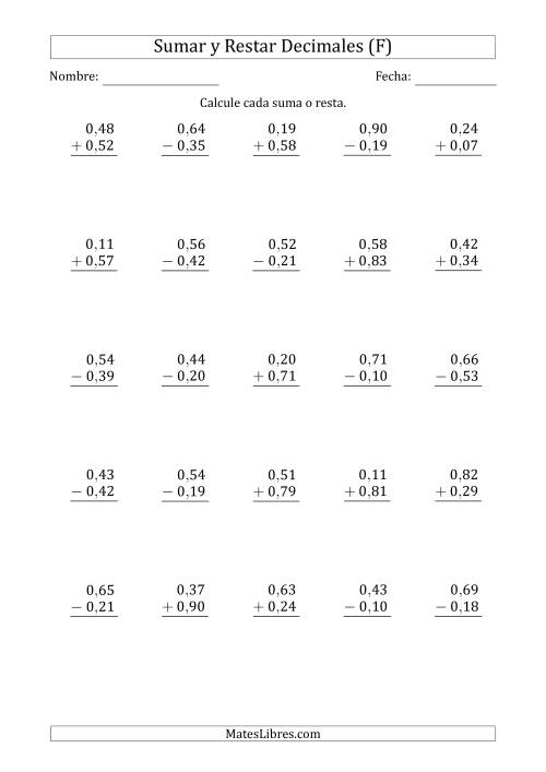 La hoja de ejercicios de Sumar y Restar Centésimas con 0 delante del Decimal (rango de 0,01 a 0,99) (F)
