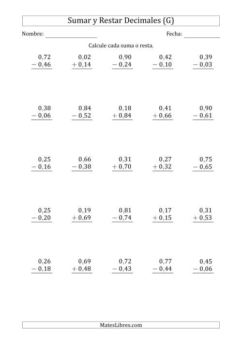 La hoja de ejercicios de Sumar y Restar Centésimas con 0 delante del Decimal (rango de 0,01 a 0,99) (G)