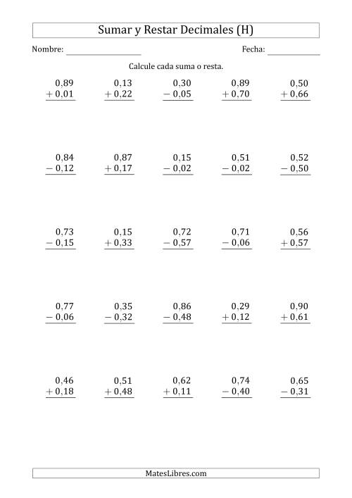 La hoja de ejercicios de Sumar y Restar Centésimas con 0 delante del Decimal (rango de 0,01 a 0,99) (H)