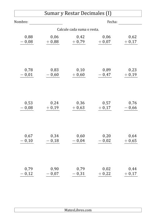 La hoja de ejercicios de Sumar y Restar Centésimas con 0 delante del Decimal (rango de 0,01 a 0,99) (I)