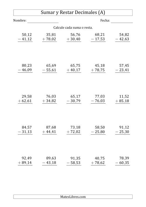 La hoja de ejercicios de Sumar y Restar Centésimas con Dos Dígitos delante del Decimal (rango de 10,01 a 99,99) (A)