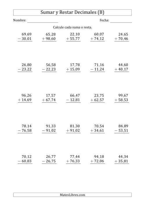 La hoja de ejercicios de Sumar y Restar Centésimas con Dos Dígitos delante del Decimal (rango de 10,01 a 99,99) (B)