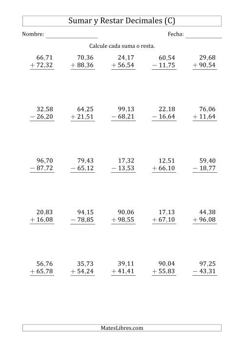 La hoja de ejercicios de Sumar y Restar Centésimas con Dos Dígitos delante del Decimal (rango de 10,01 a 99,99) (C)