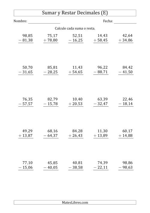 La hoja de ejercicios de Sumar y Restar Centésimas con Dos Dígitos delante del Decimal (rango de 10,01 a 99,99) (E)