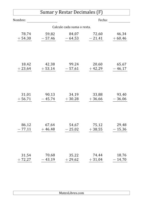 La hoja de ejercicios de Sumar y Restar Centésimas con Dos Dígitos delante del Decimal (rango de 10,01 a 99,99) (F)