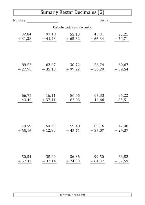 La hoja de ejercicios de Sumar y Restar Centésimas con Dos Dígitos delante del Decimal (rango de 10,01 a 99,99) (G)
